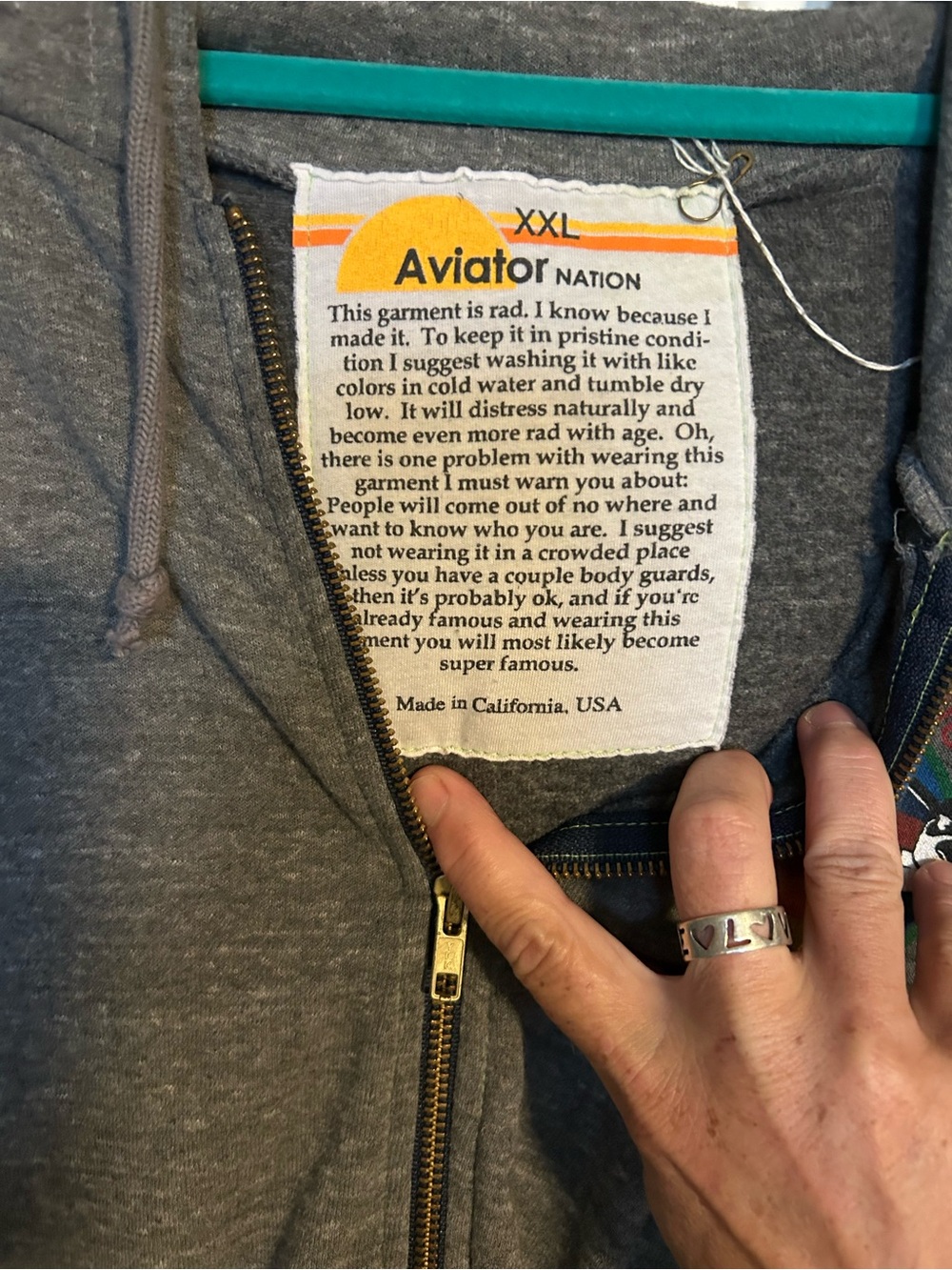 Aviator Nation Gray Zip-Up Hoodie with Rainbow Logo - Picture 3 of 3